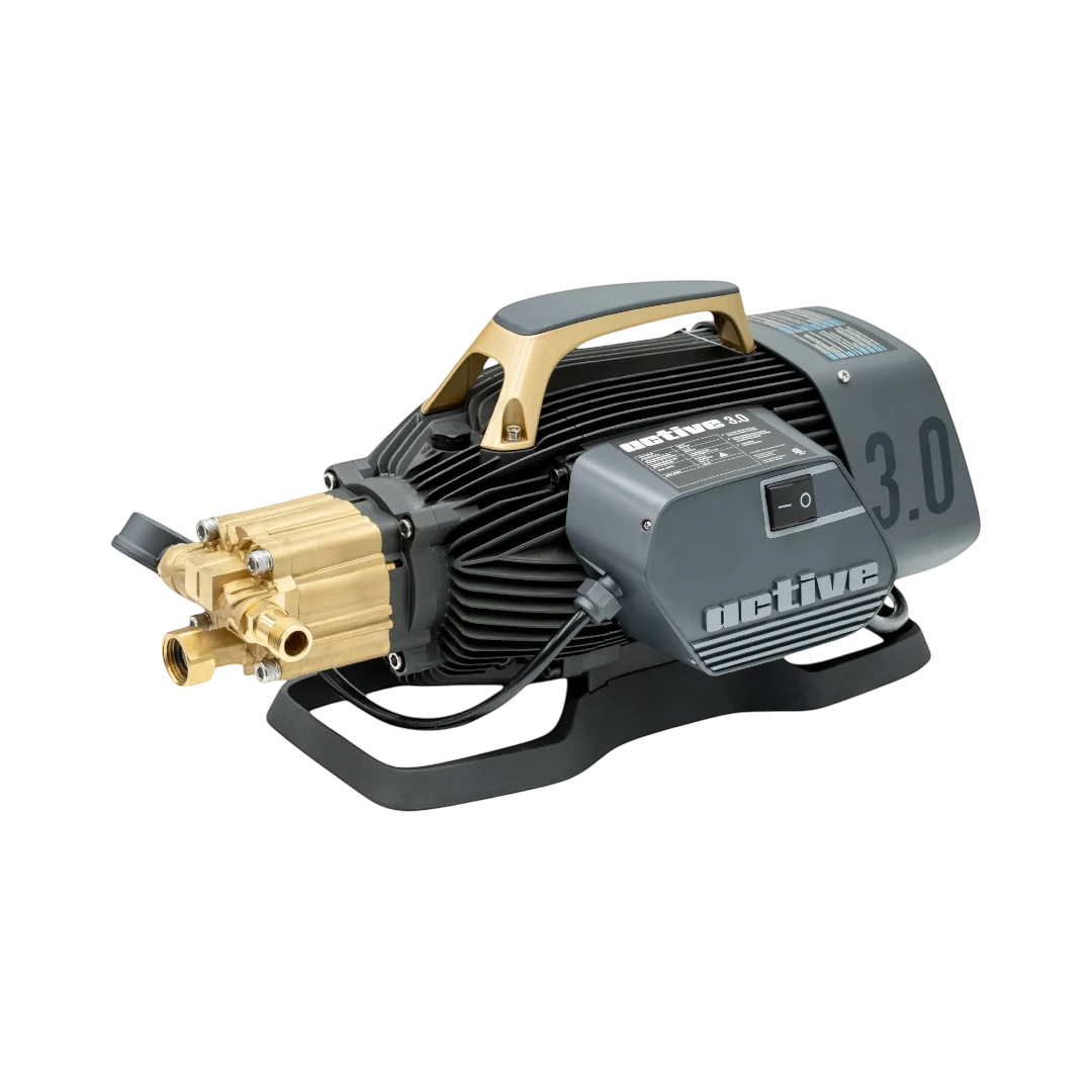 The Detail Warehouse Active 3.0 pressure washer unit featuring a 5-piston brass pump and grey induction motor housing.