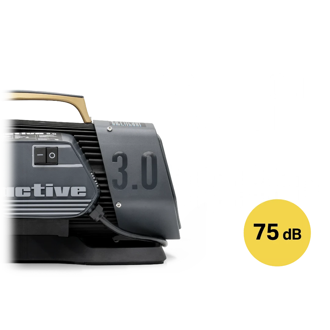 The Detail Warehouse Active 3.0 pressure washer side view featuring a quiet 75 dB motor and durable grey housing.