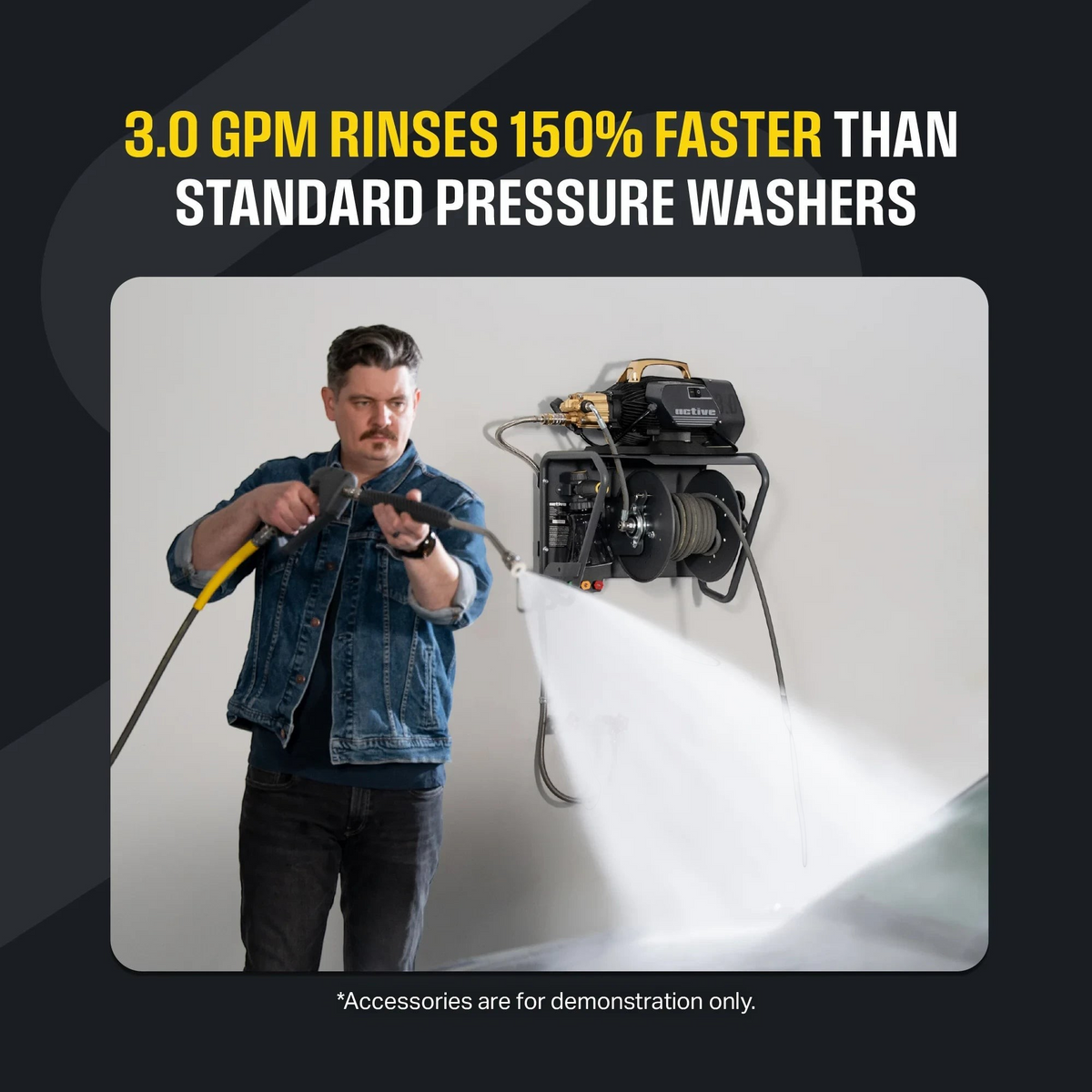 The Detail Warehouse Active 3.0 pressure washer mounted on a wall, being used by a man to spray water on a car.