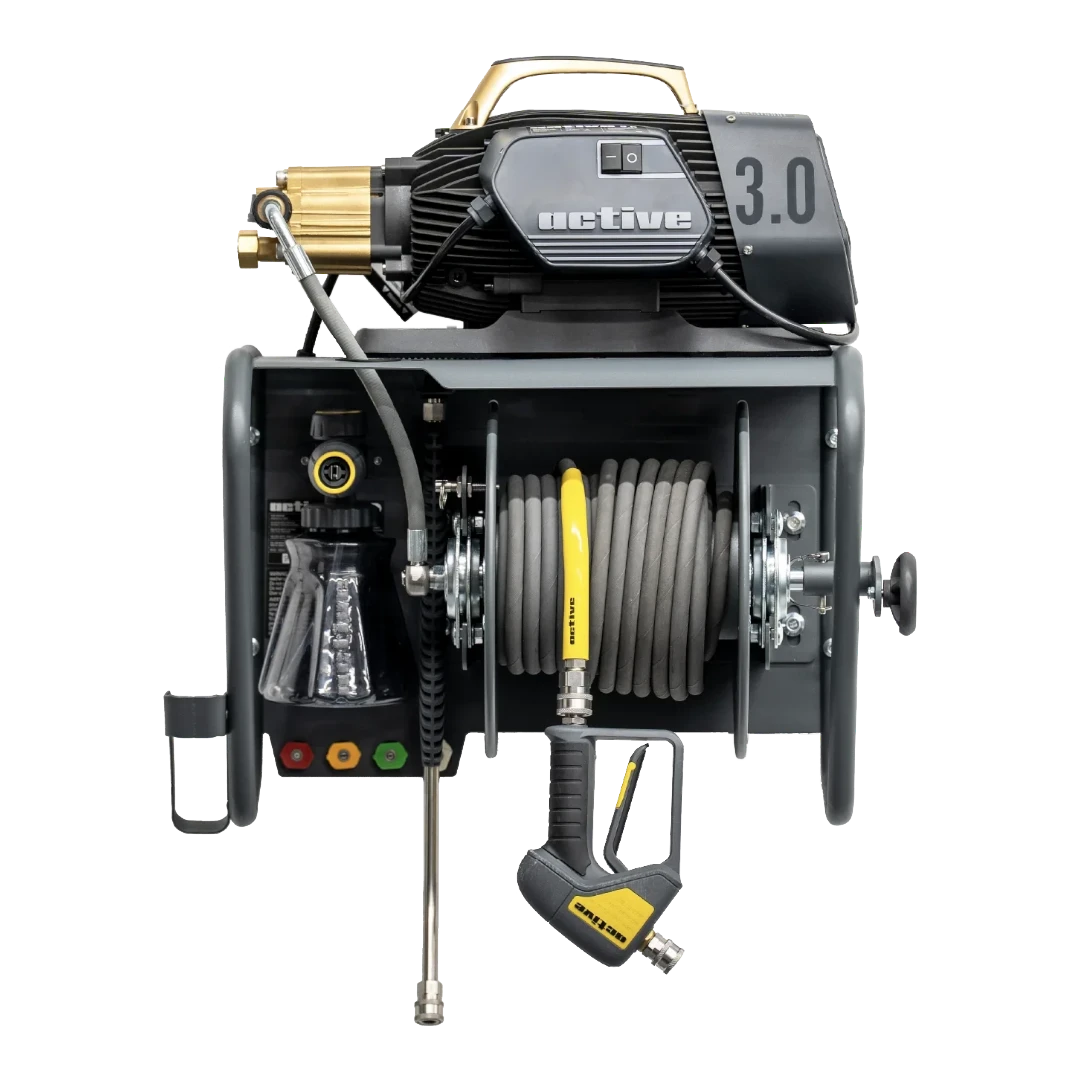 The Detail Warehouse Active 3.0 pressure washer with hose reel, spray gun, and foam cannon on a professional frame.