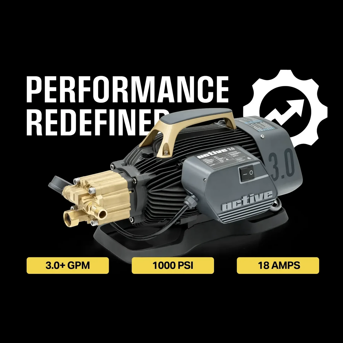 The Detail Warehouse Active 3.0 pressure washer unit featuring a brass pump and grey motor housing on a black background.
