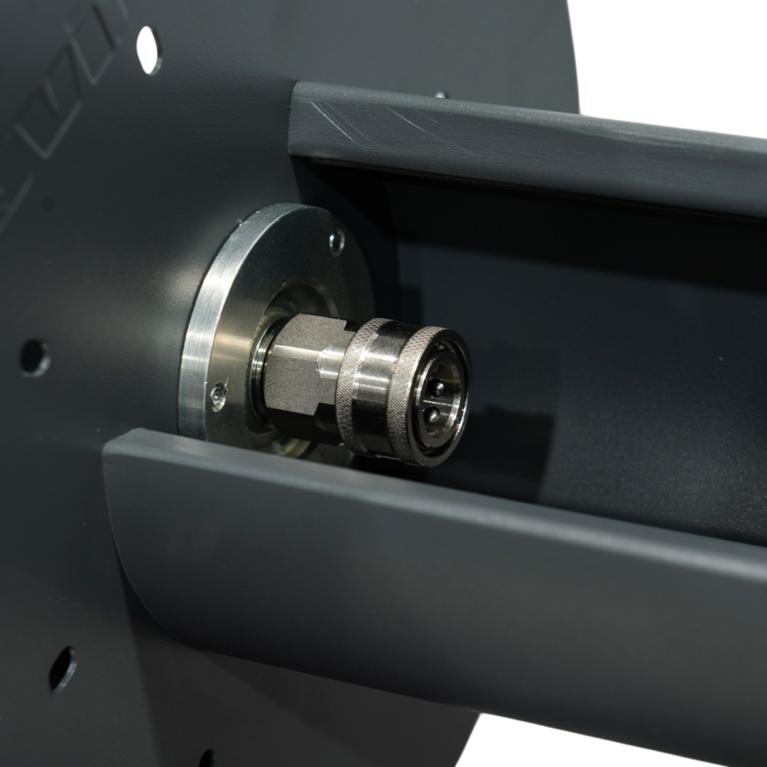 The Detail Warehouse ACTIVE M-Series pressure washer hose reel showing the metal quick-connect fitting and steel frame