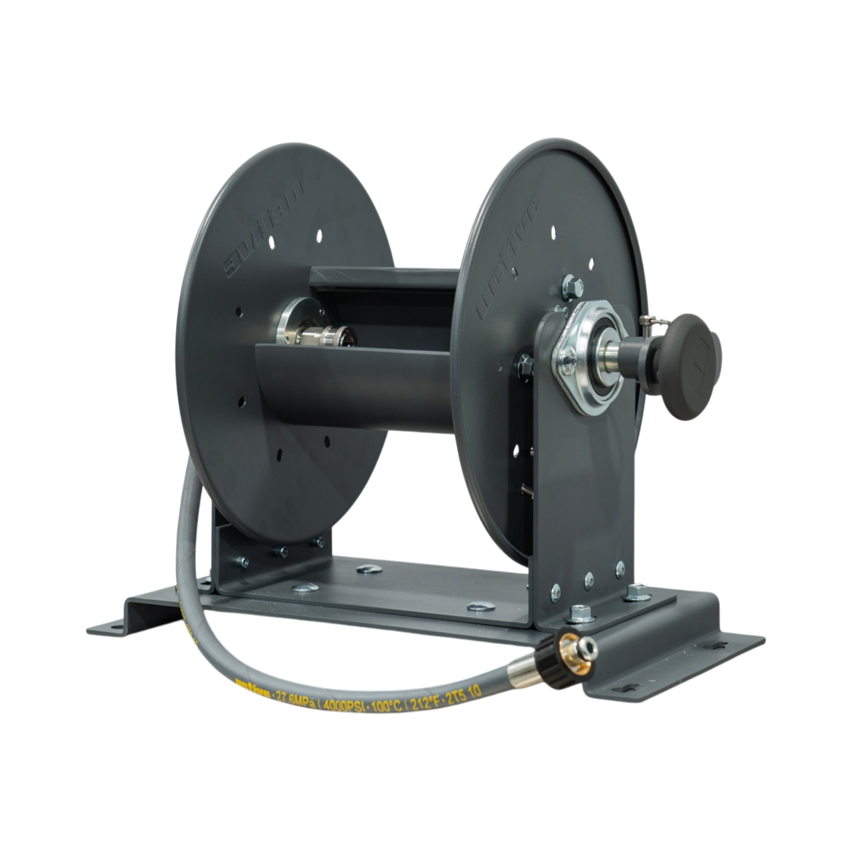 The Detail Warehouse ACTIVE M-Series steel pressure washer hose reel in grey with a 3/8 inch quick-connect fitting.