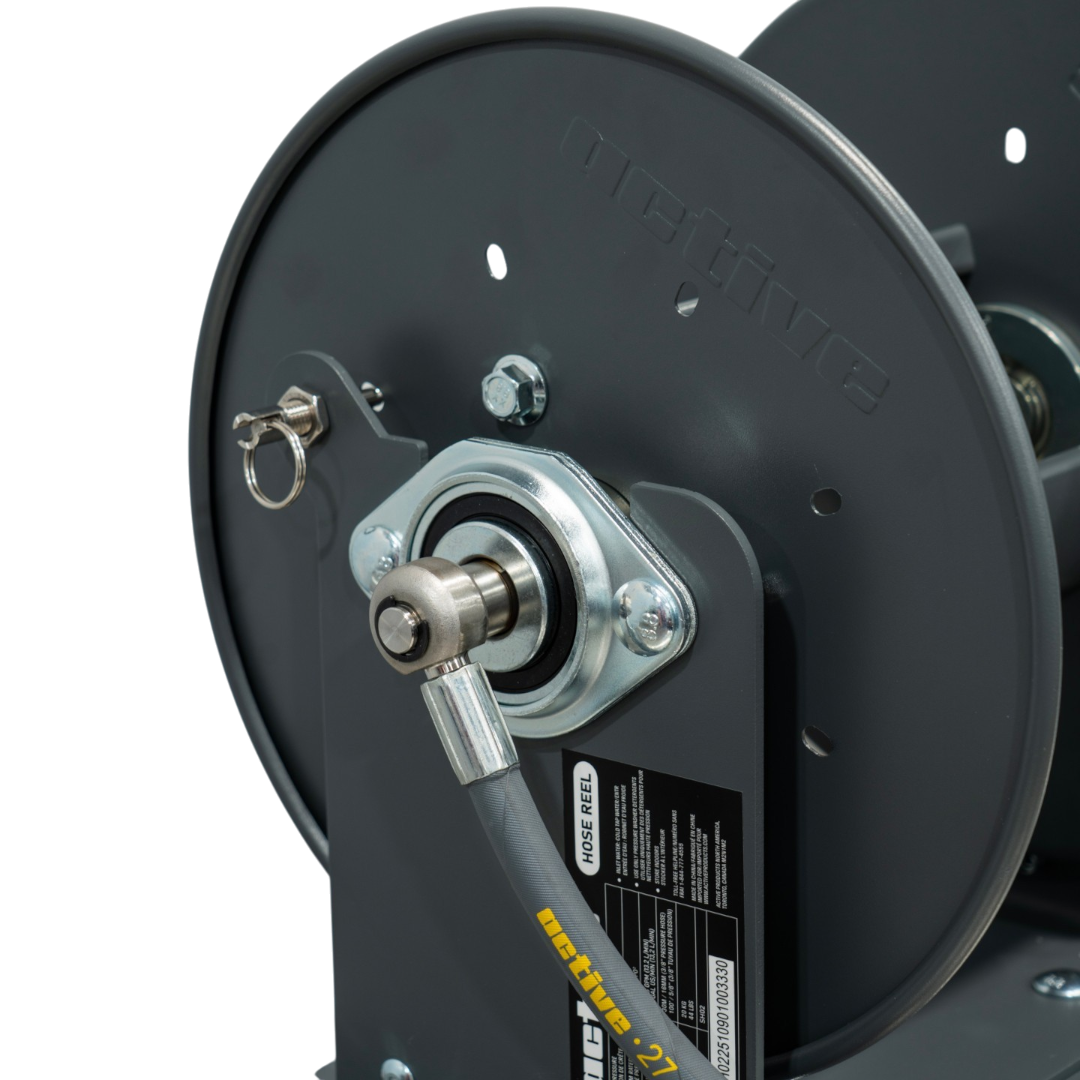 The Detail Warehouse ACTIVE M-Series steel pressure washer hose reel with quick-connect fitting and grey finish