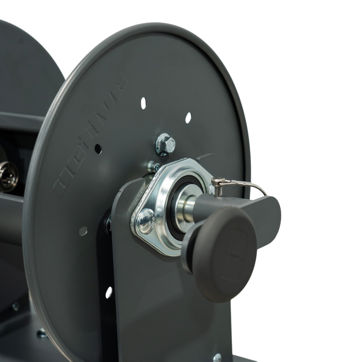 The Detail Warehouse ACTIVE M-Series steel pressure washer hose reel with a durable grey finish and locking mechanism.