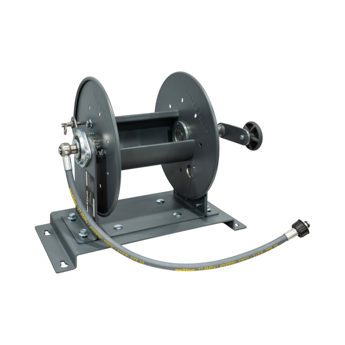 The Detail Warehouse ACTIVE M-Series steel pressure washer hose reel in grey with a 3/8 inch quick-connect hose.