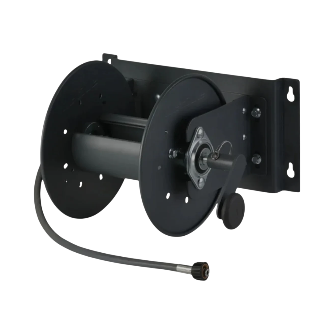 The Detail Warehouse ACTIVE M-Series steel pressure washer hose reel in black with a wall-mount backing plate.