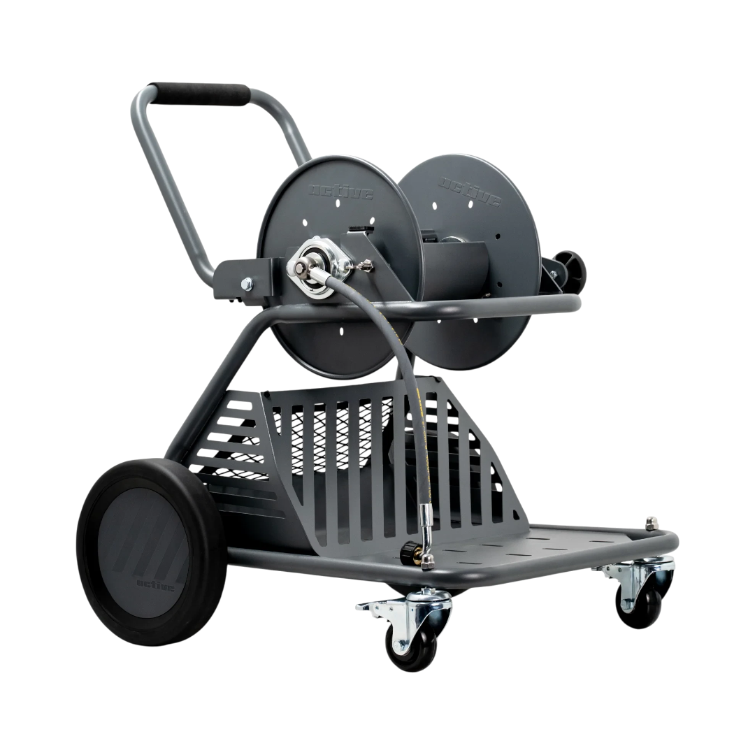 The Detail Warehouse ACTIVE grey mobile wash cart and hose reel with stainless steel valve system and locking castors.