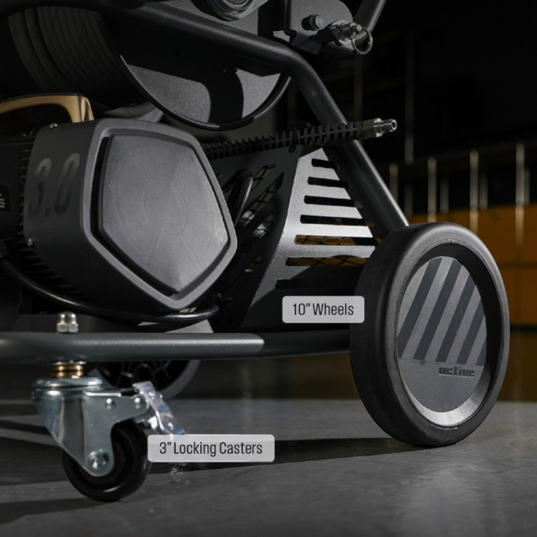 The Detail Warehouse ACTIVE wash cart featuring 10-inch wheels and 3-inch locking casters for mobile pressure washing.