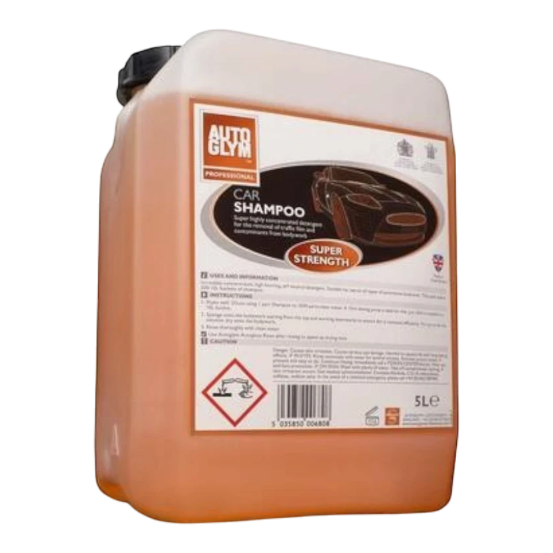 The Detail Warehouse Autoglym 5 litre super strength car shampoo drum with orange liquid and professional label