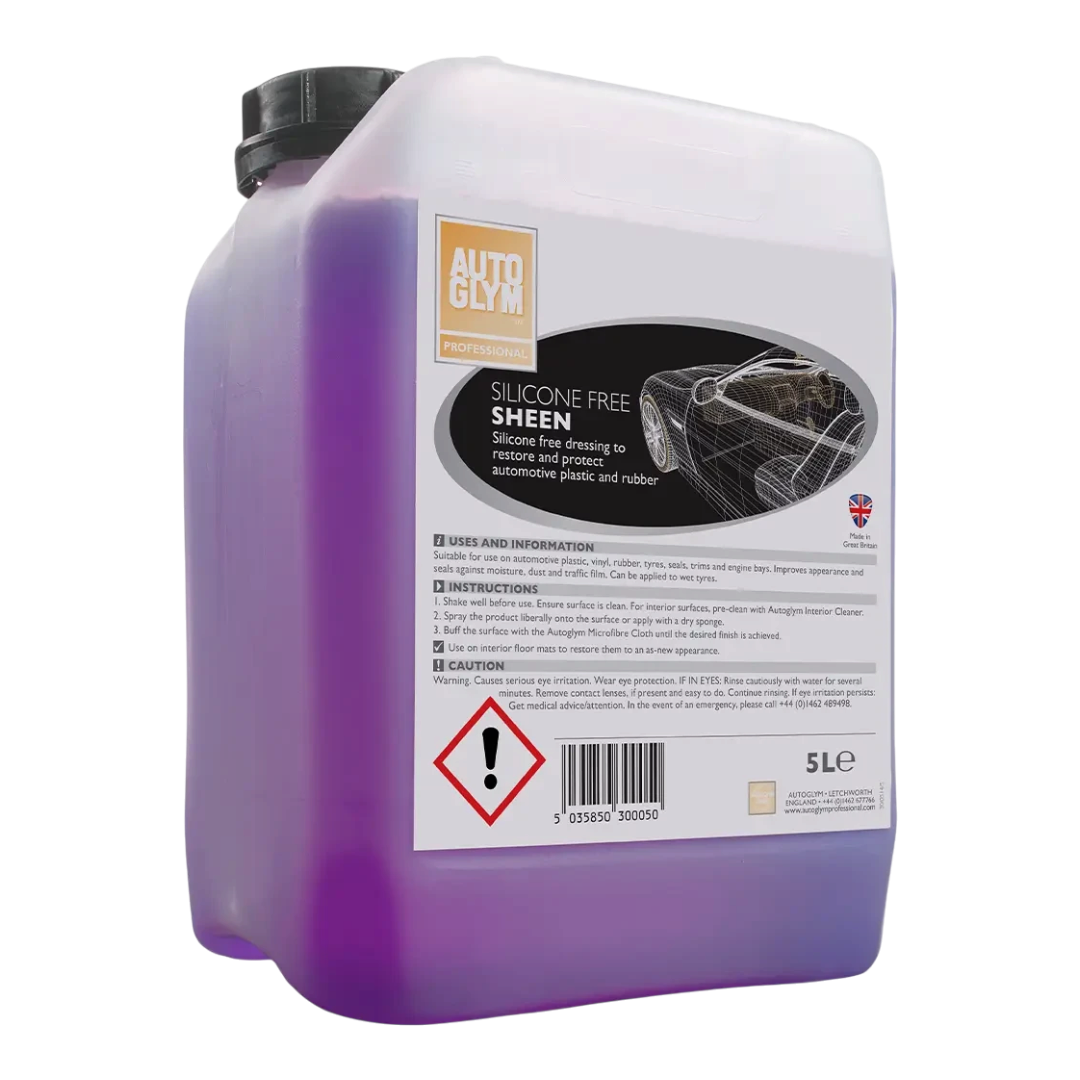 The Detail Warehouse 5 litre bottle of Autoglym Silicon Free Sheen purple plastic and rubber dressing for car care