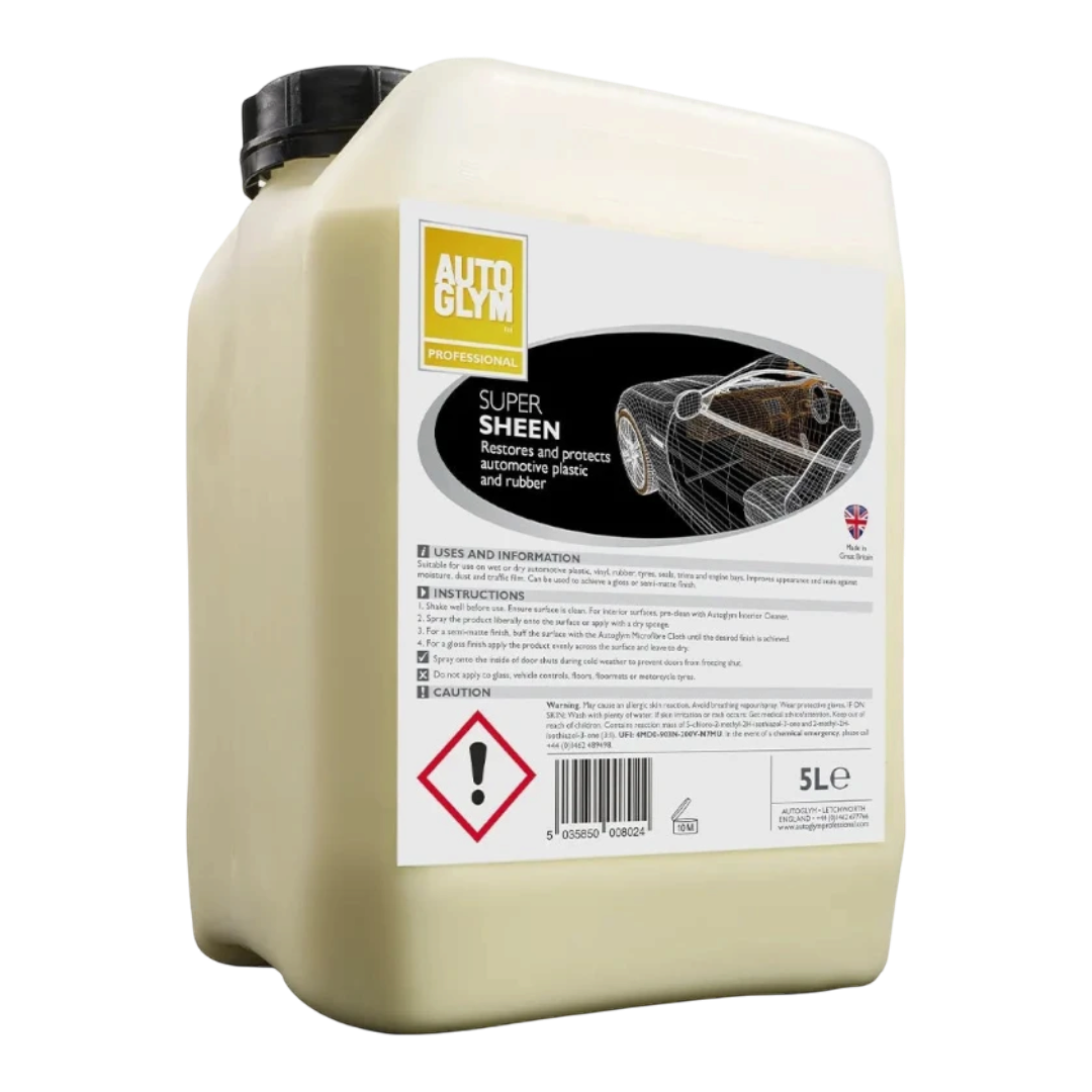 The Detail Warehouse Autoglym Super Sheen 5L plastic and rubber restorer bottle for automotive interior and exterior.
