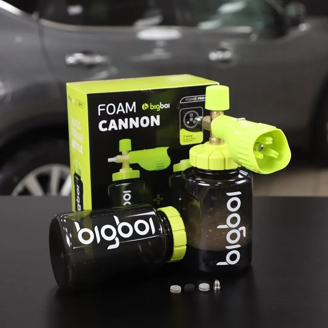 The Detail Warehouse BigBoi 1L transparent replacement bottle for FoamR foam cannons with a wide-mouth lime green cap.