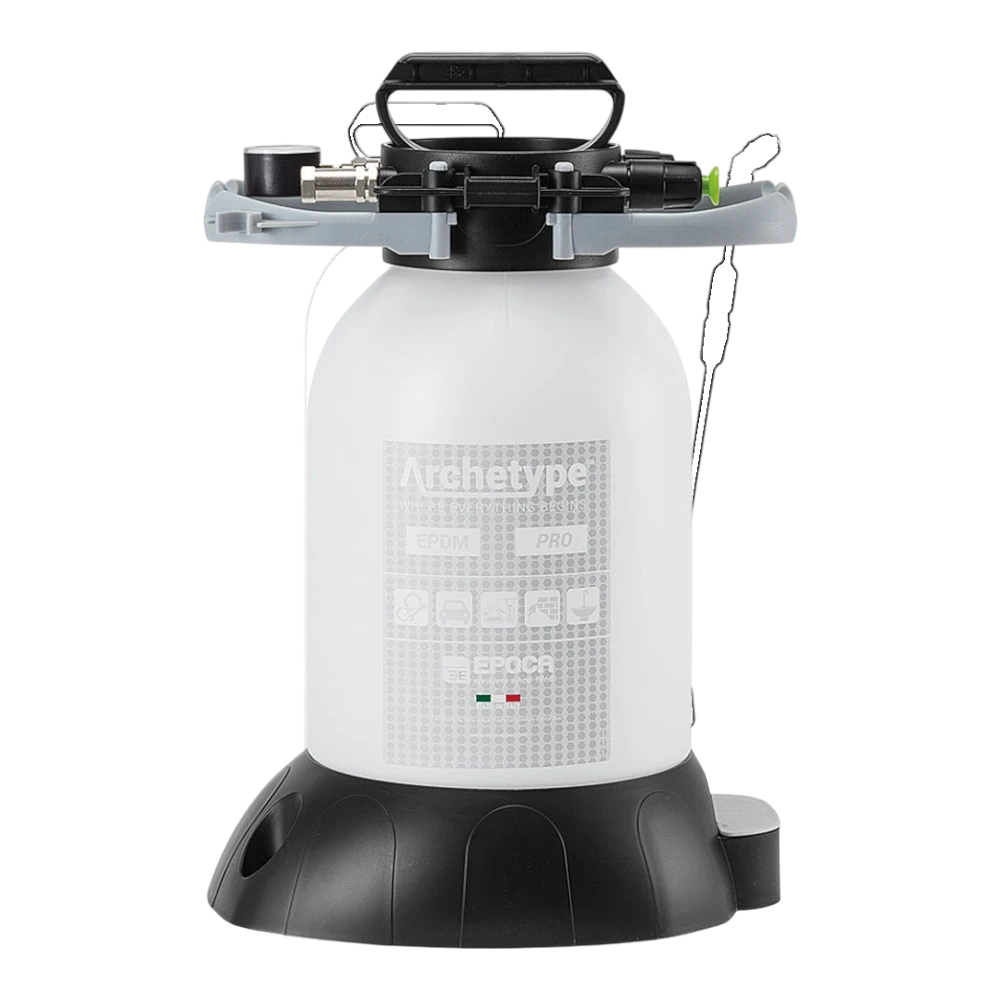 The Detail Warehouse Epoca 5L PRO pressure foamer with EPDM seals, featuring a white tank and black stable base.