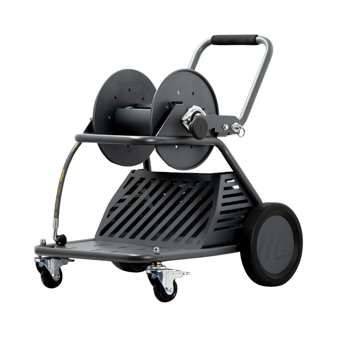 The Detail Warehouse mobile wash cart and hose reel in grey, featuring a stainless steel valve and locking castors.