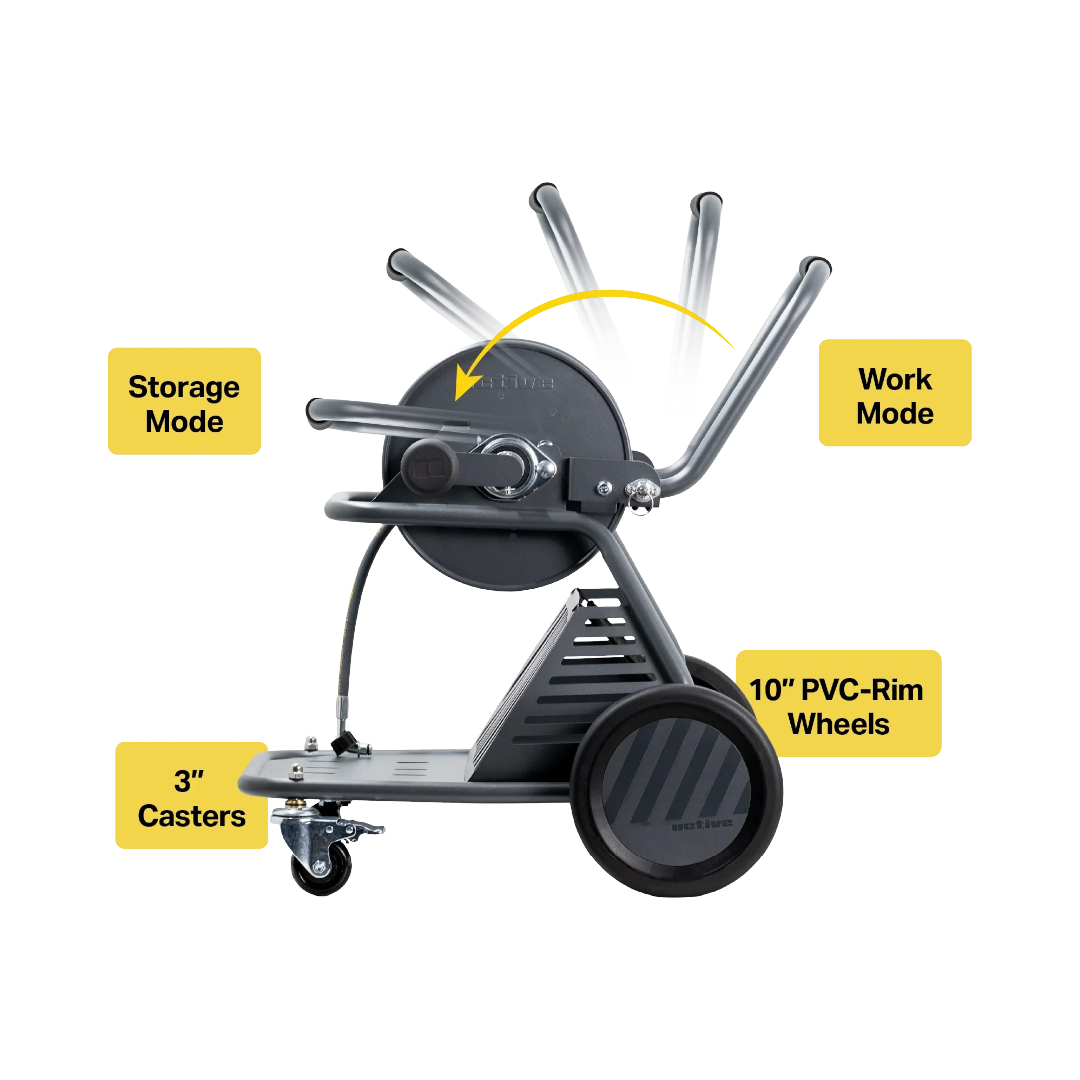 The Detail Warehouse ACTIVE Wash Cart and hose reel in grey with 10-inch wheels and locking castors for mobile storage.