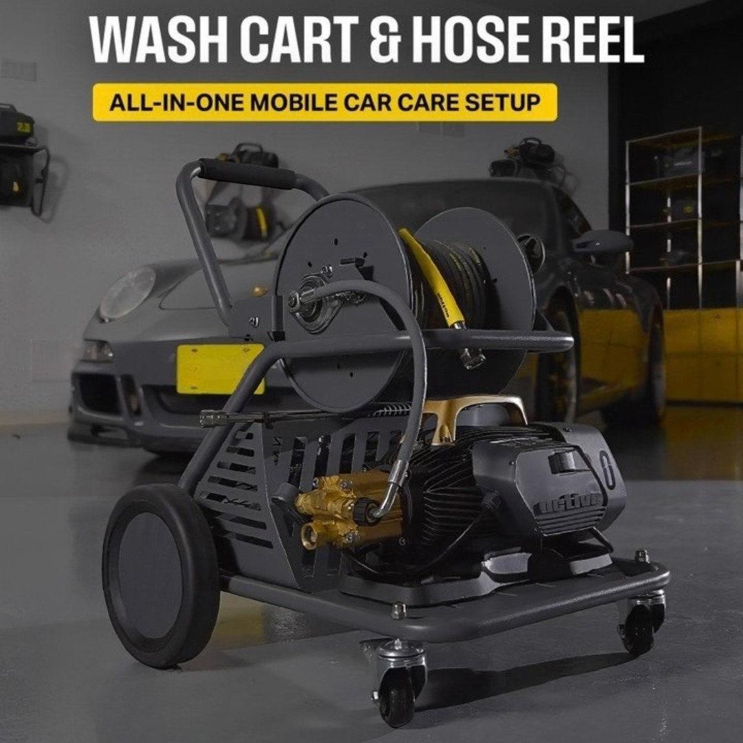 The Detail Warehouse mobile wash cart and hose reel with stainless steel components and locking castor wheels.