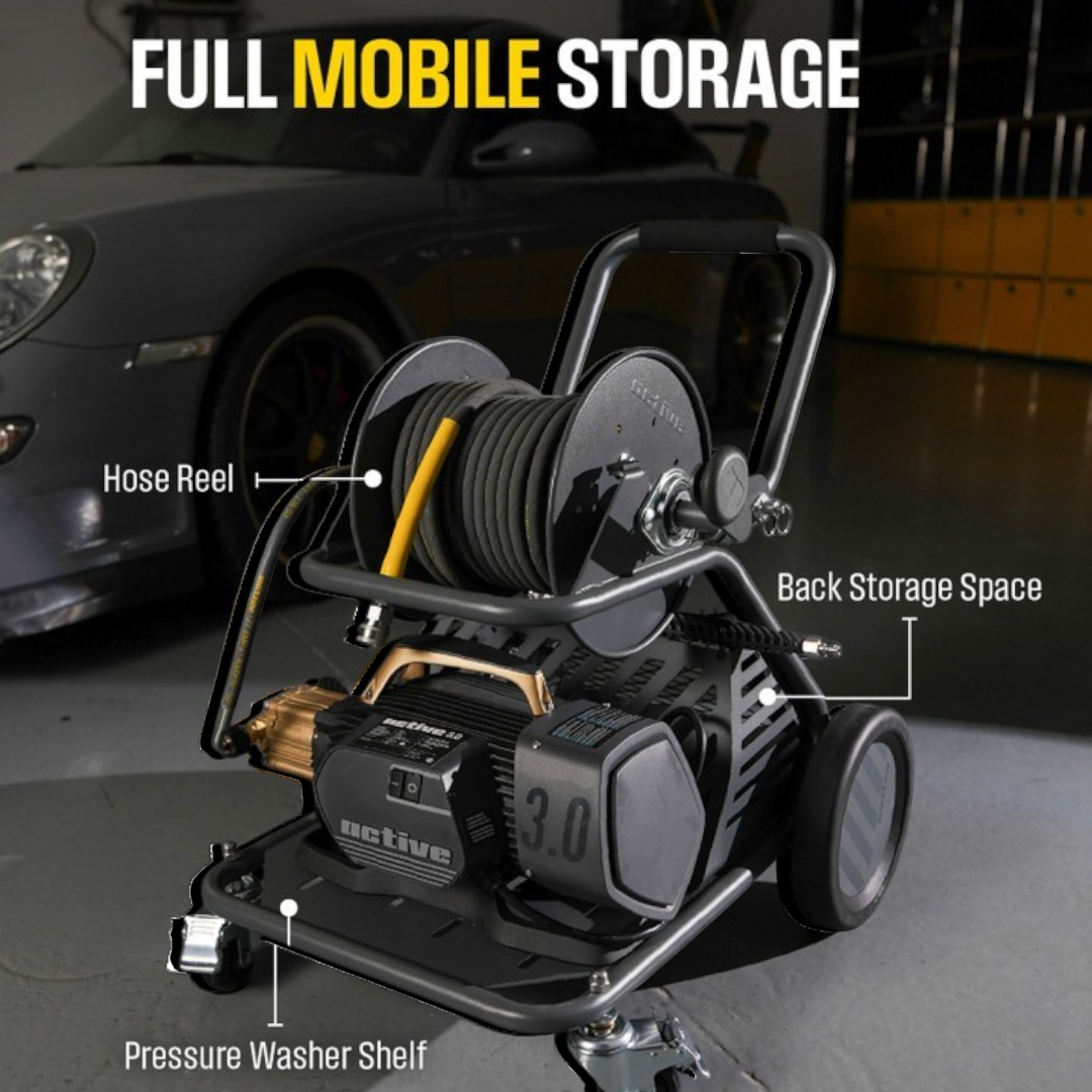 The Detail Warehouse mobile wash cart with hose reel and pressure washer shelf in a garage setting.