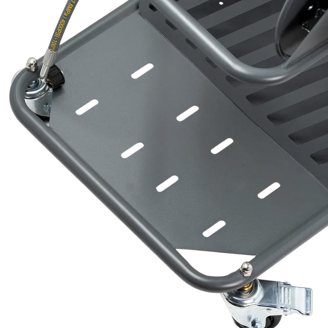 The Detail Warehouse mobile wash cart with stainless steel frame, locking castor wheels, and hose connection point.