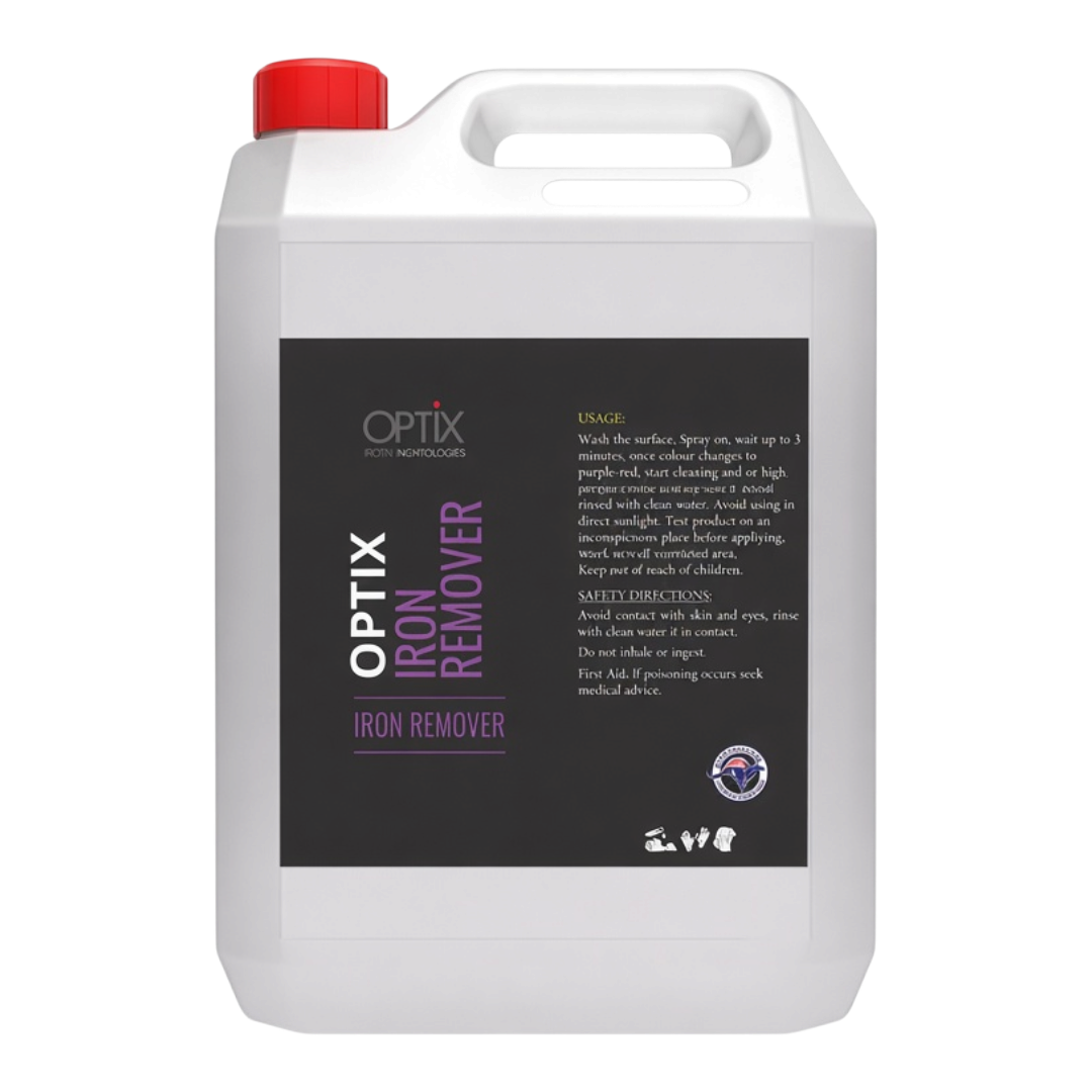 The Detail Warehouse OPTiX Iron Remover spray bottle for car detailing, featuring a clear container and black trigger.