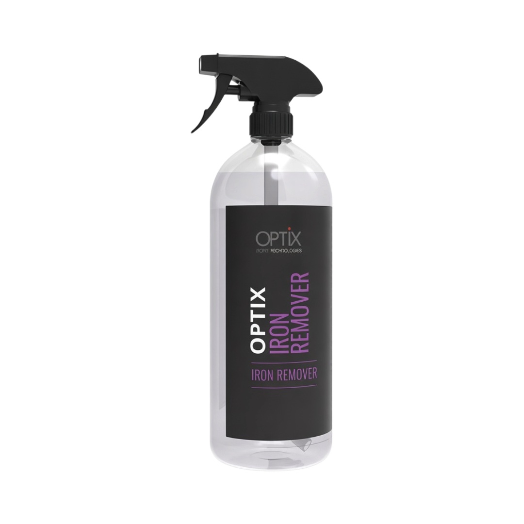 The Detail Warehouse OPTiX Iron Remover spray bottle for car detailing, featuring a clear container and black trigger.