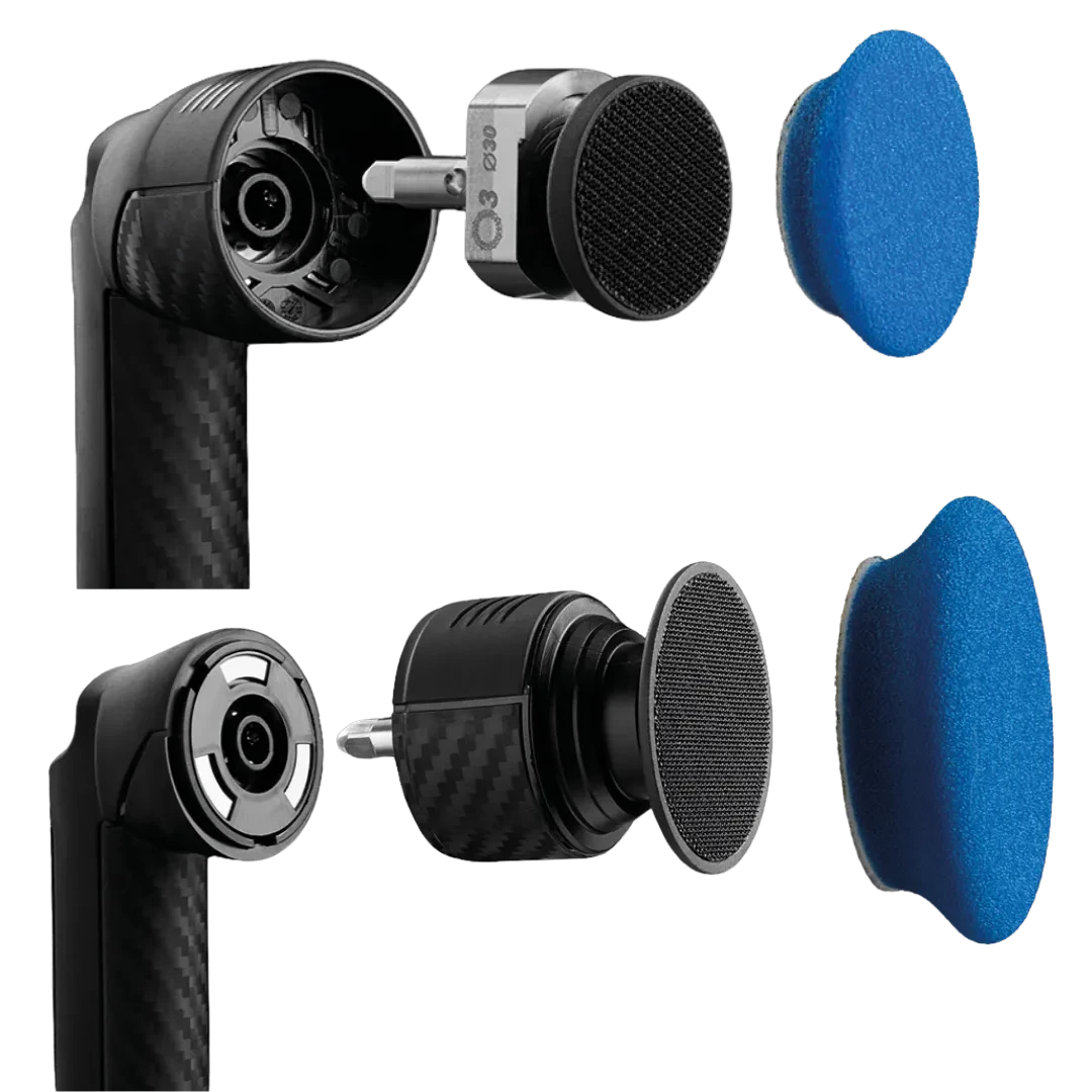 The Detail Warehouse Rupes iBrid Nano 2 mini polisher showing the SMARTFIX quick-release system with backing pads and foam