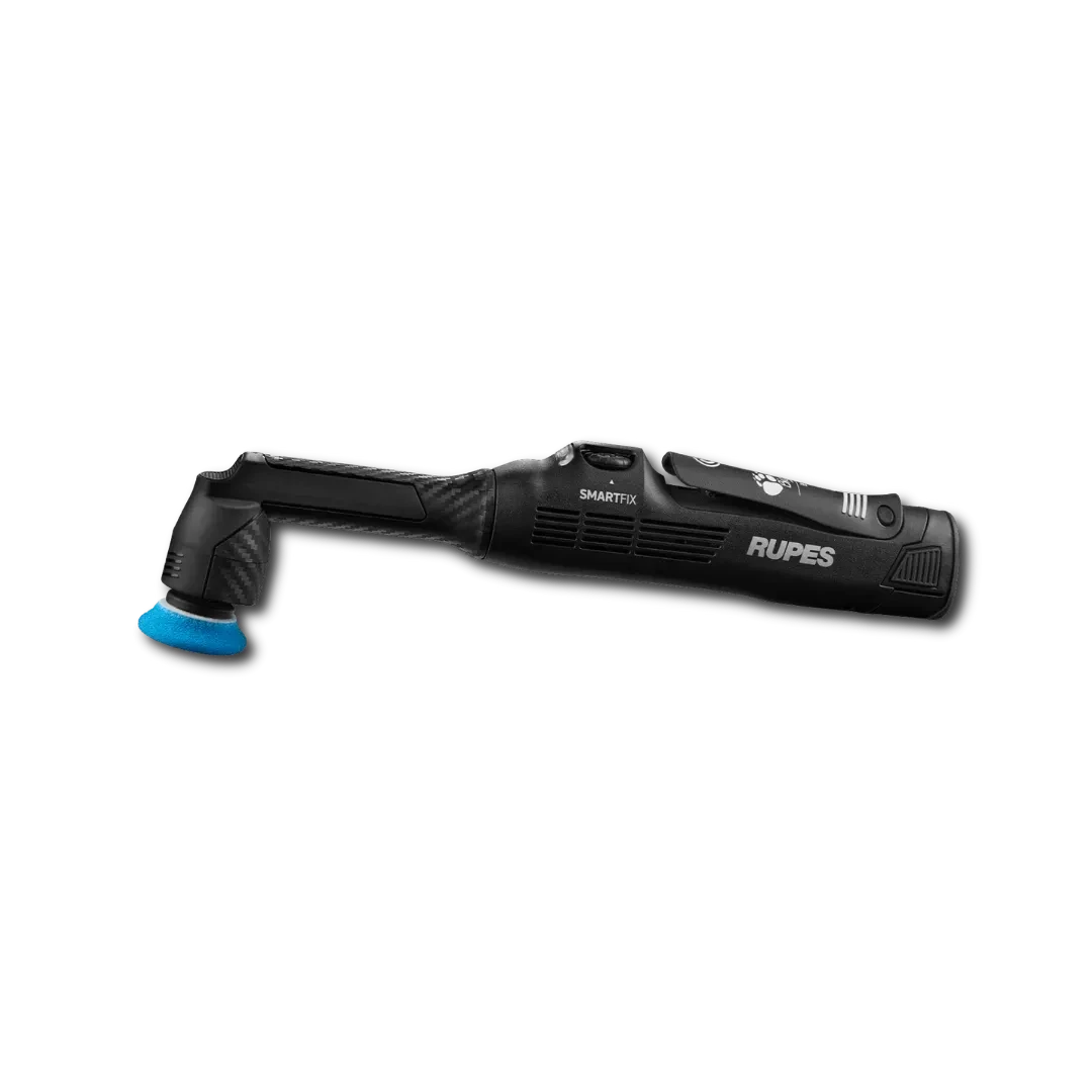 The Detail Warehouse Rupes iBrid Nano 2 mini polisher in black with a blue foam pad for precision automotive detailing.
