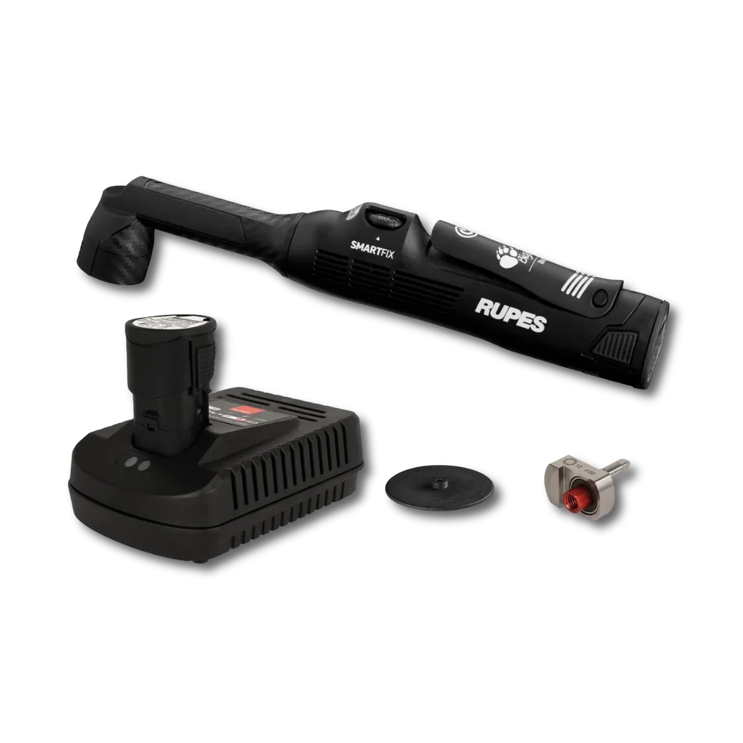 The Detail Warehouse Rupes iBrid Nano 2 cordless mini polisher with battery, charger, and interchangeable head unit.
