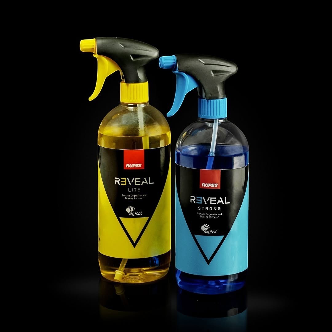 The Detail Warehouse Rupes Reveal Lite and Strong surface degreaser and silicone remover spray bottles