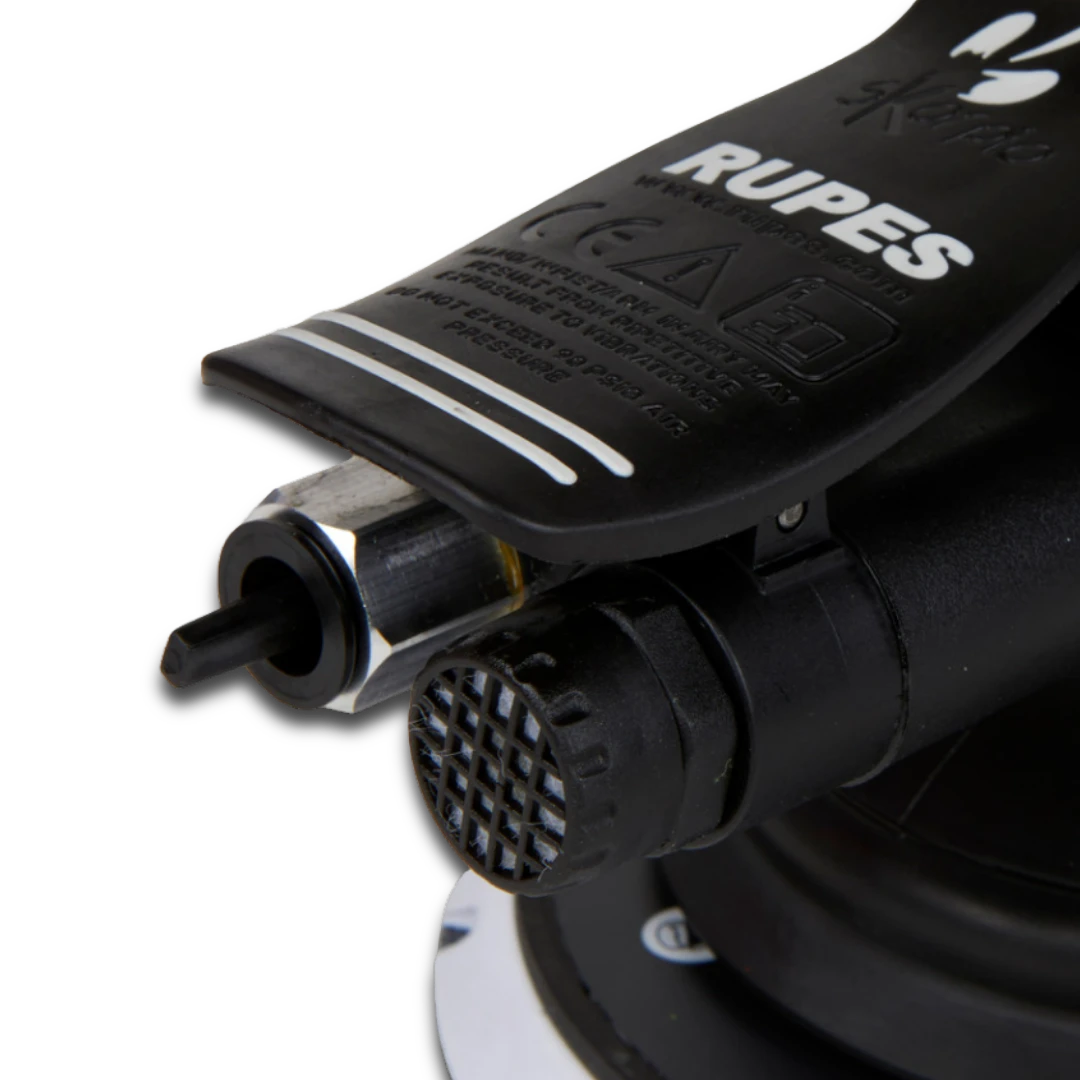 The Detail Warehouse Rupes RH359A Skorpio III pneumatic sander showing the air inlet and ergonomic throttle lever.