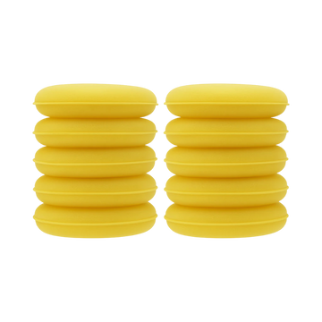 The Detail Warehouse yellow foam wax applicators stacked in two columns for car detailing and polishing