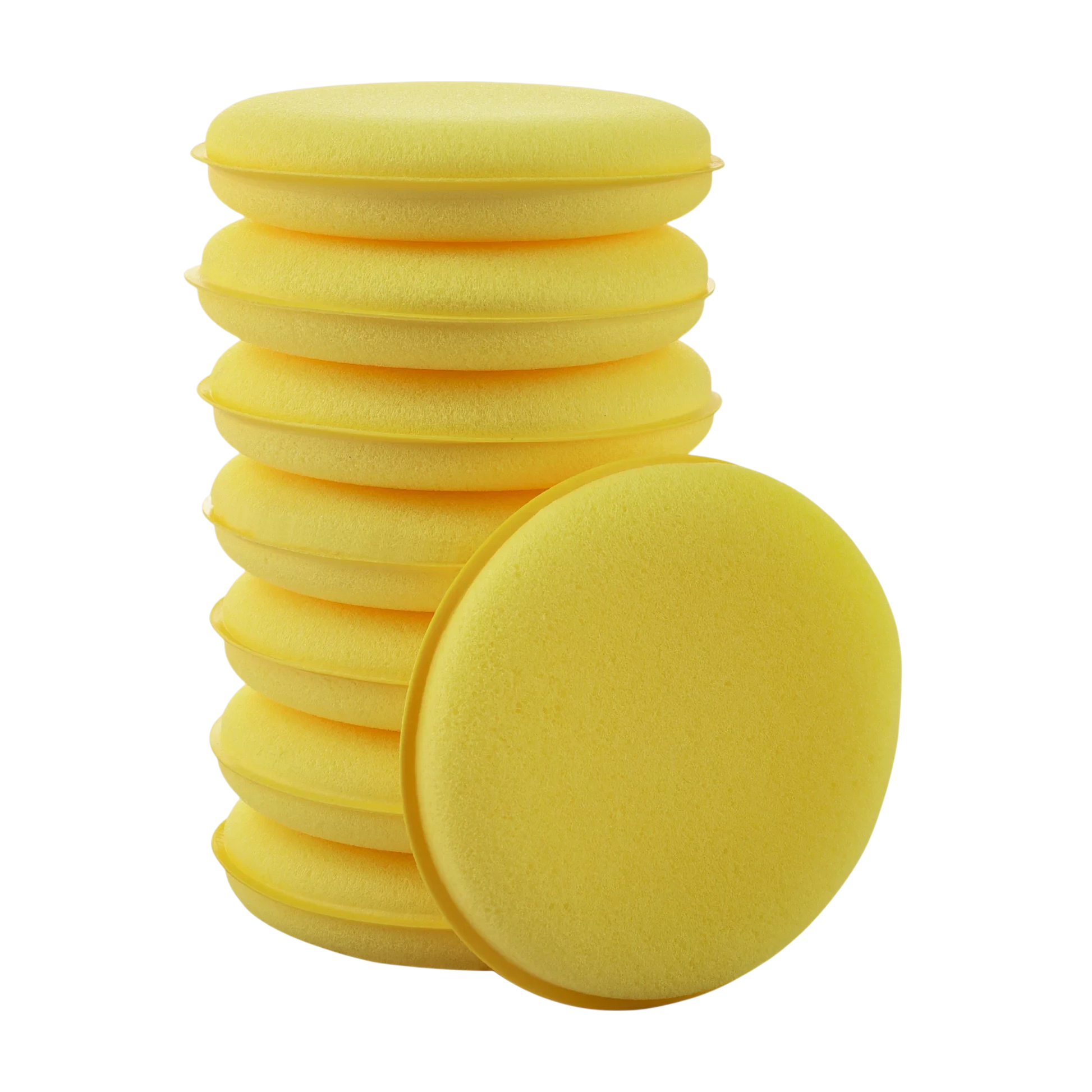The Detail Warehouse yellow foam wax applicators for car detailing, 100mm round sponge pads in a stack