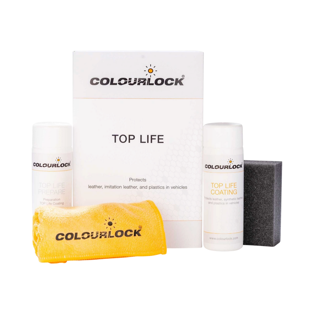 The Detail Warehouse Colourlock Top Life leather protection kit with bottles, applicator sponge, and microfiber cloth.