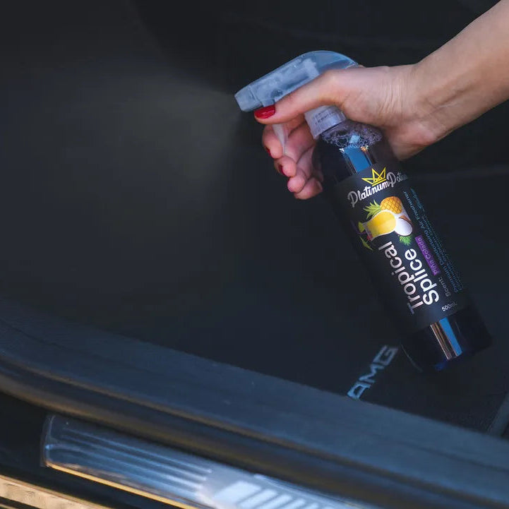 Person cleaning car window with a spray bottle inside a vehicle