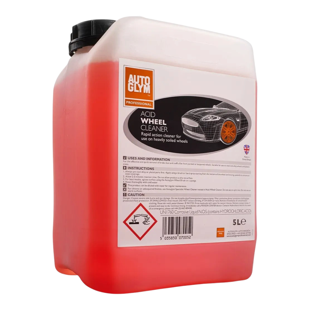 The Detail Warehouse Autoglym Acid Base Wheel Cleaner 5L bottle with red liquid for removing brake dust and grime.