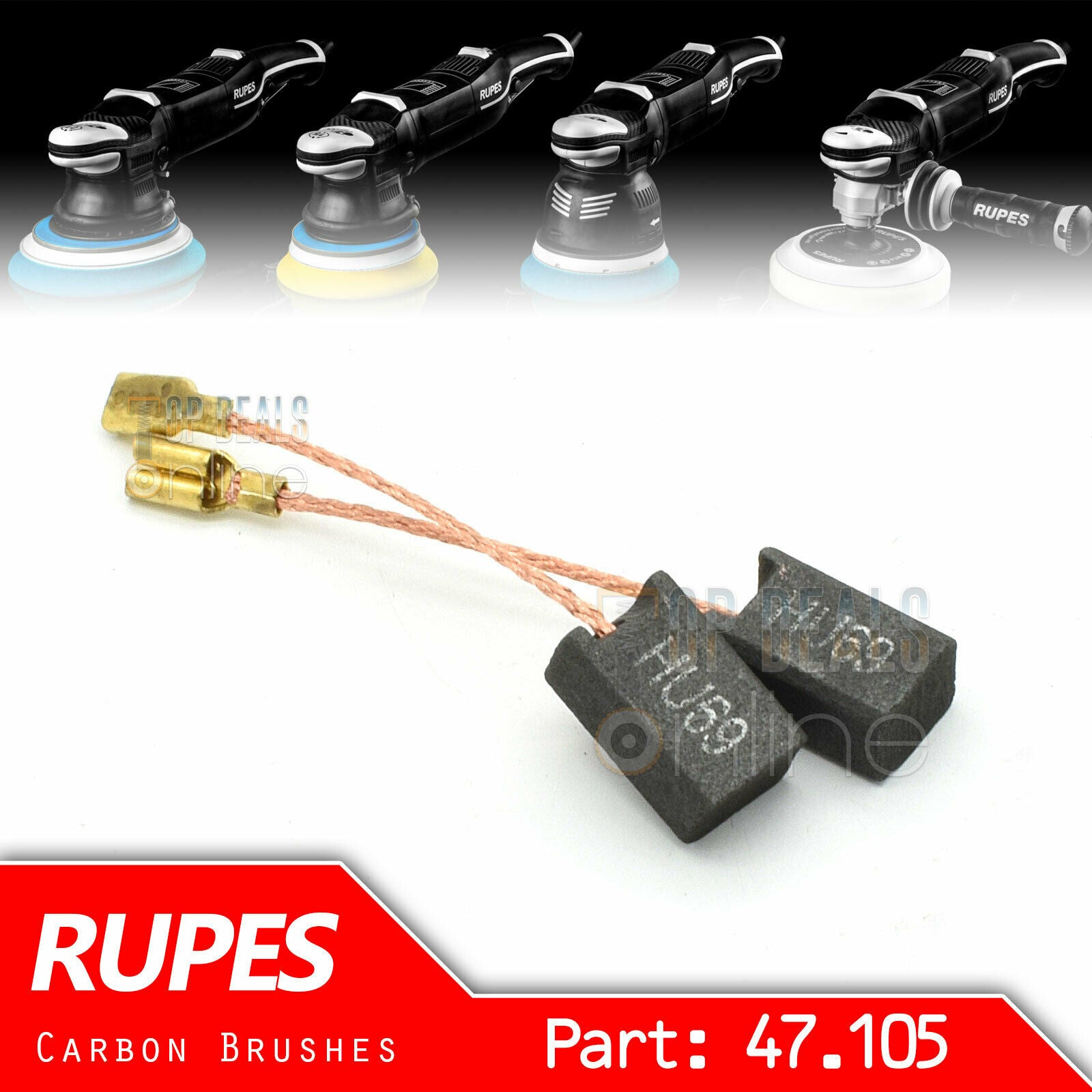 Rupes carbon brushes for polishers and Sanders, with part number 47.105 displayed.