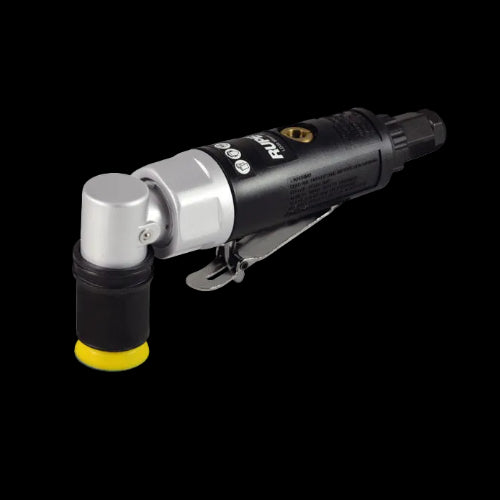 An air-powered Rupes LD30 mini sander/polisher with a black and silver body and a yellow backing plate.