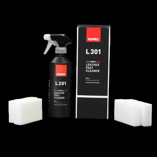 Rupes L301 Leather Cleaner product packaging with a spray bottle and four white melamine foam applicator cubes.