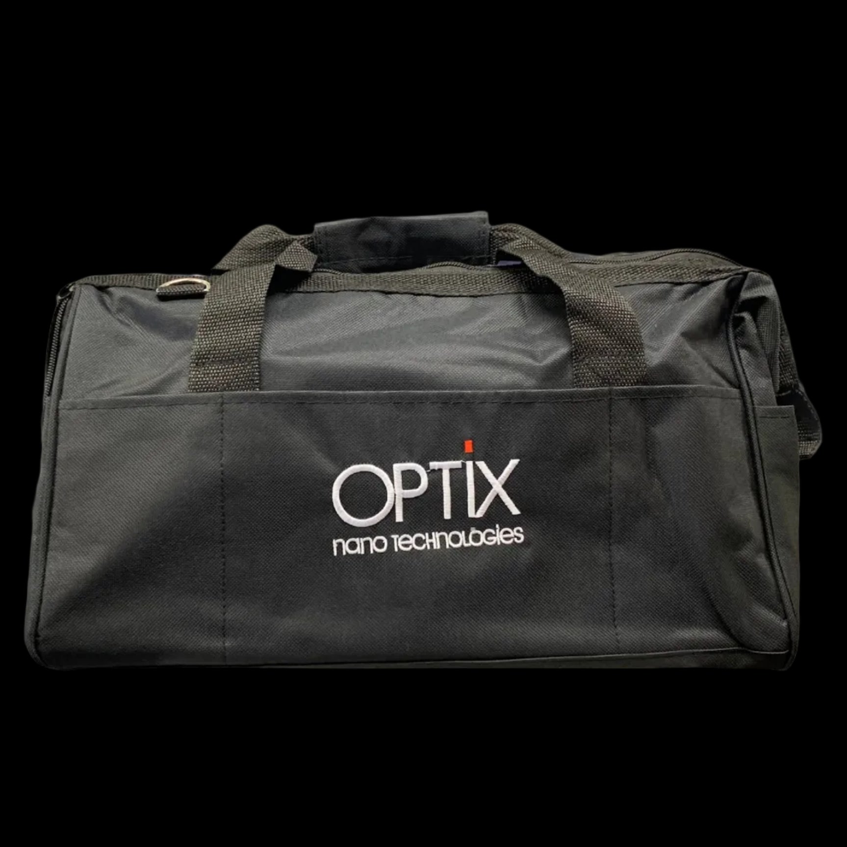 A black OPTiX branded tool bag with multiple pockets, designed for storing polishers and chemicals.